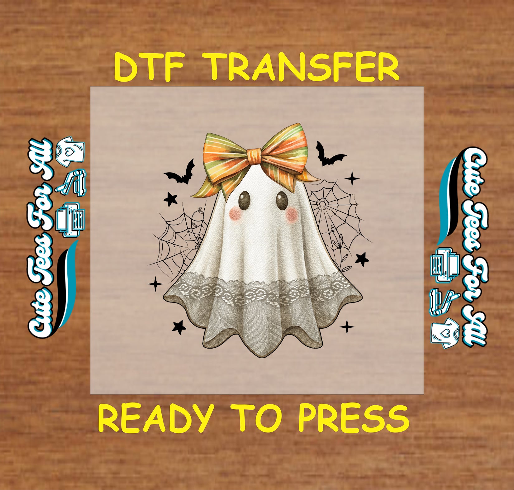 Vintage ghost with orange-striped bow, lace trim, spiderwebs, and bats

