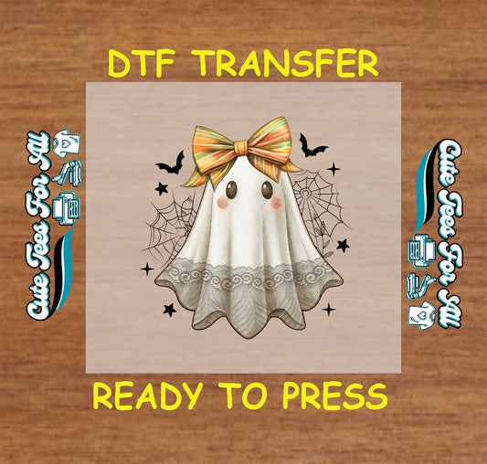 Vintage ghost with orange-striped bow, lace trim, spiderwebs, and bats

