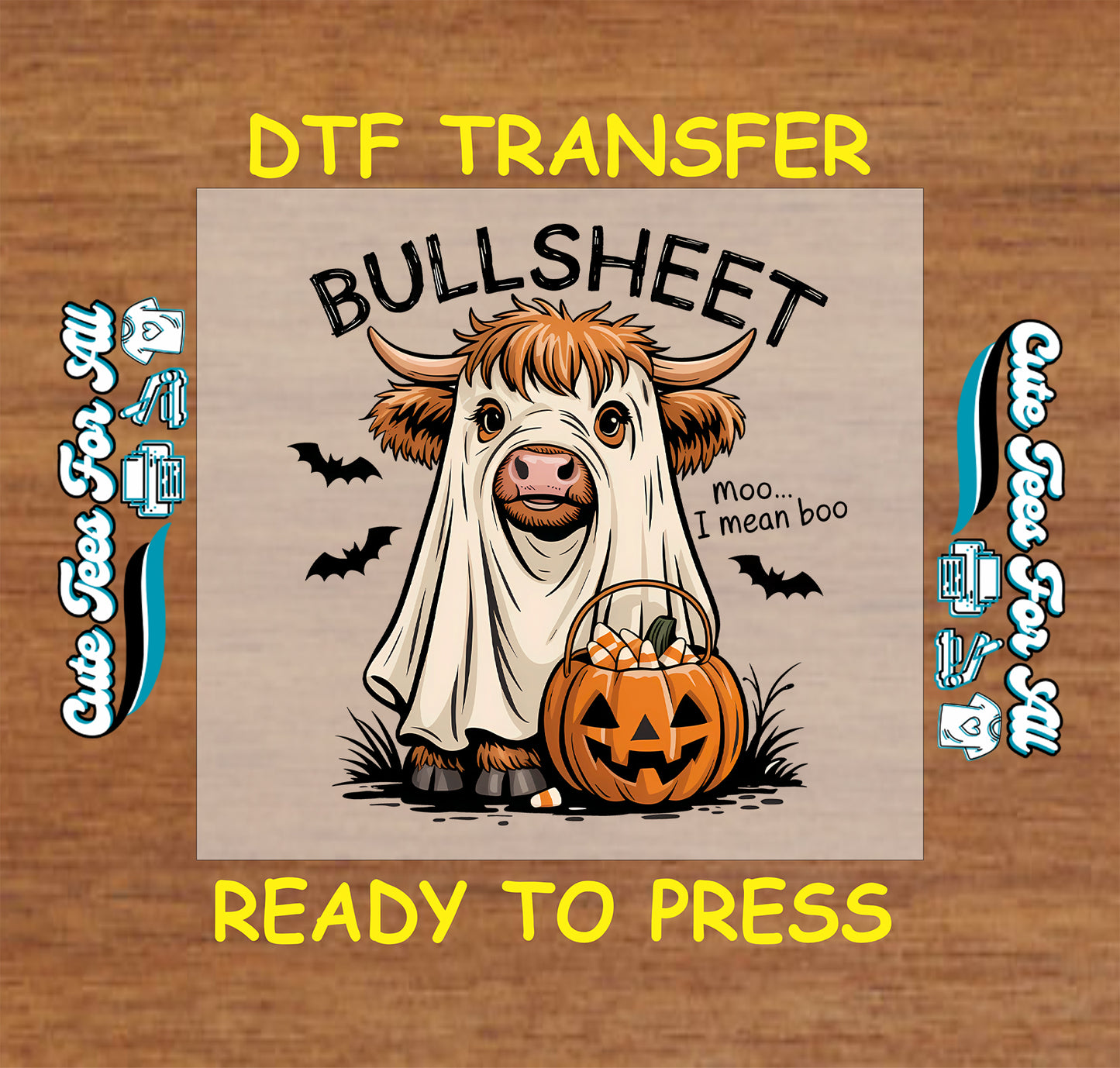 Highland cow in ghost costume with candy bucket and “BULLSHEET” text above

