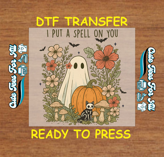 Ghost with floral crown, surrounded by flowers, pumpkin, mushrooms, and “I Put a Spell on You” text

