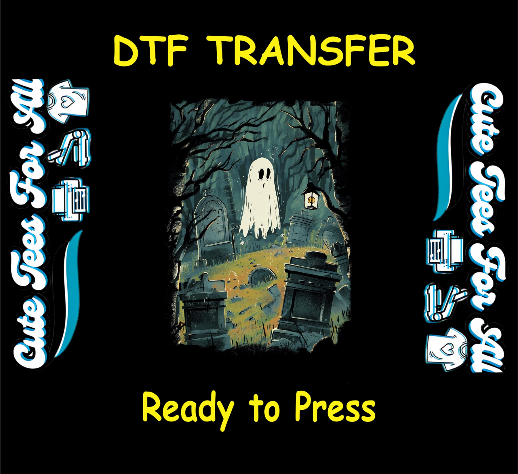 White ghost floating in a spooky graveyard surrounded by tombstones, trees, and a glowing lantern

