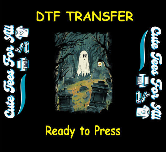 White ghost floating in a spooky graveyard surrounded by tombstones, trees, and a glowing lantern

