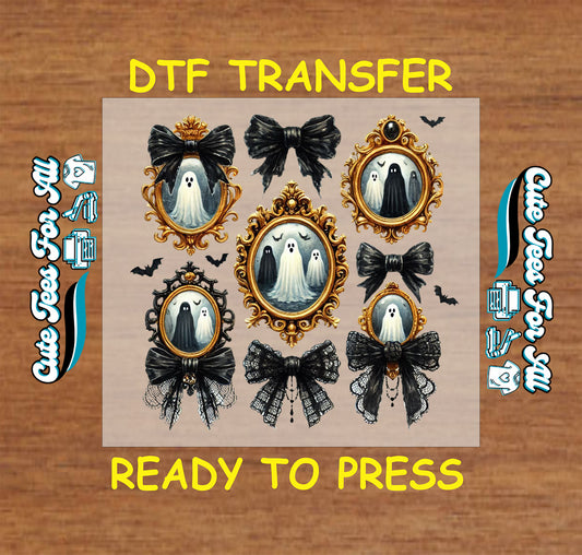 Vintage-style ghost portraits in gold frames with black lace bows and bats on a Halloween DTF transfer

