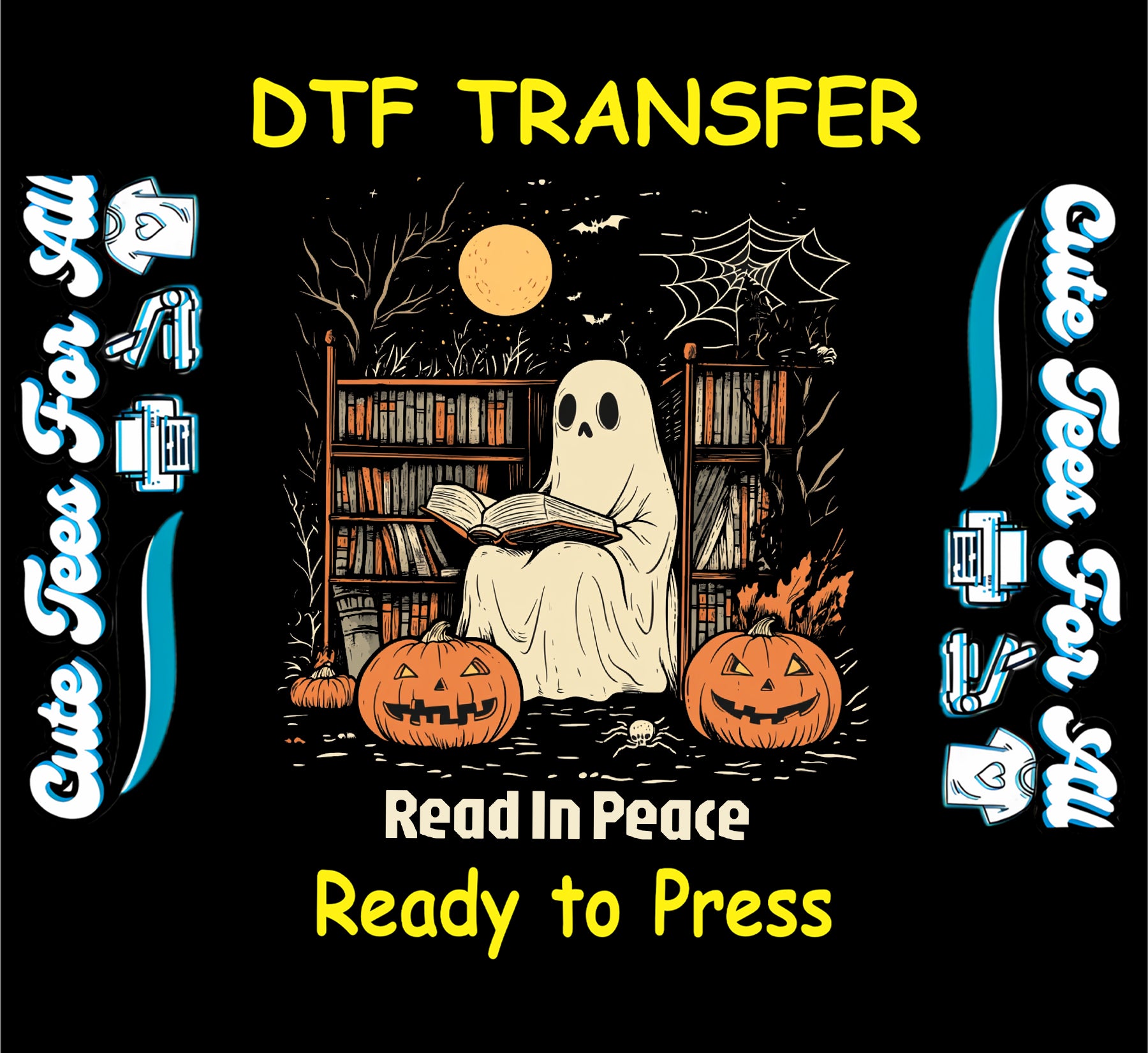 Ghost sitting and reading a book in a spooky library surrounded by jack-o'-lanterns and bookshelves under the moonlight

