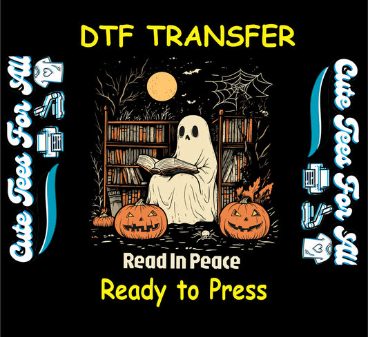 Ghost sitting and reading a book in a spooky library surrounded by jack-o'-lanterns and bookshelves under the moonlight

