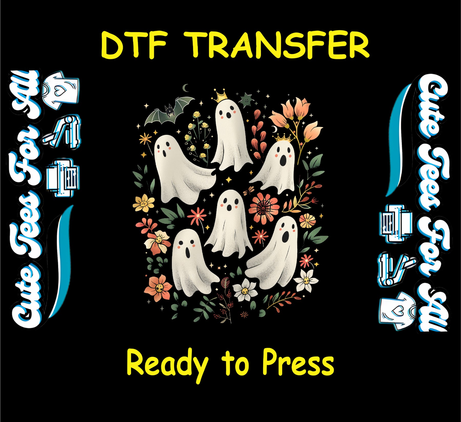 DTF transfer with ghosts and flowers on a black background