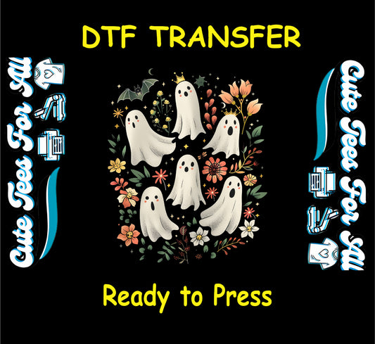 DTF transfer with ghosts and flowers on a black background