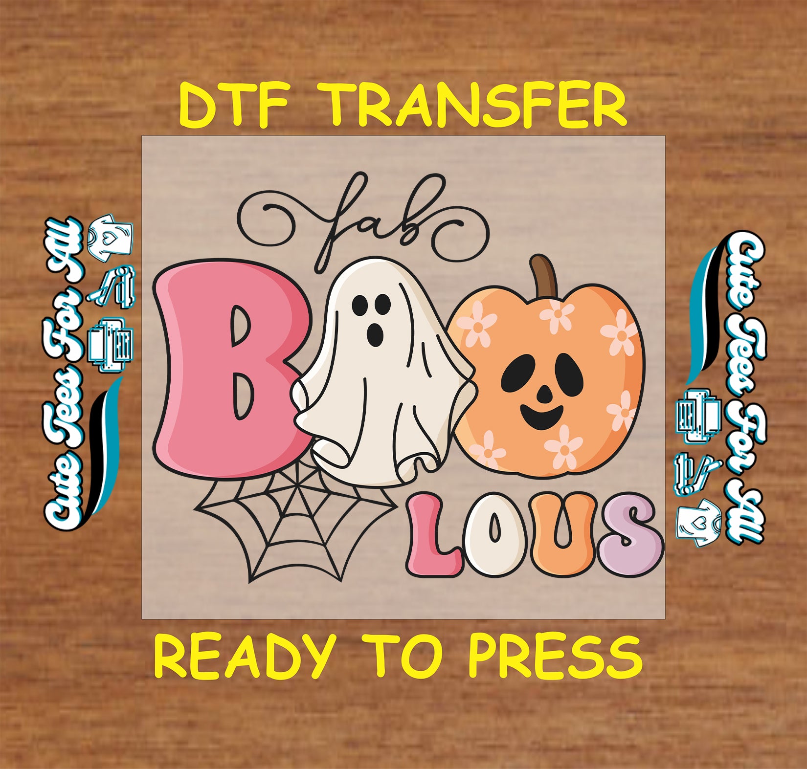 Halloween DTF transfer with pastel ghost, smiling pumpkin, spiderweb, and colorful Fab Boo Lous text

