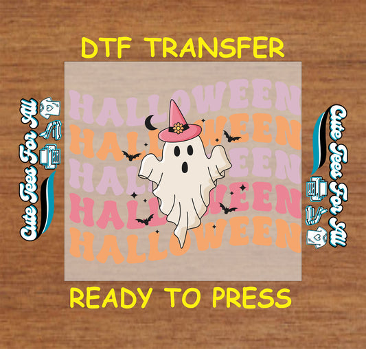 DTF transfer with cute ghost wearing witch hat, pastel Halloween text, and flying bats

