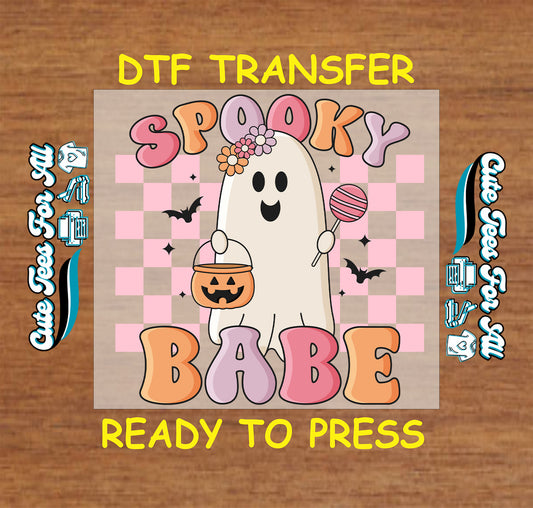 Spooky Babe ghost with lollipop, jack-o'-lantern, pink checkerboard background, and bats

