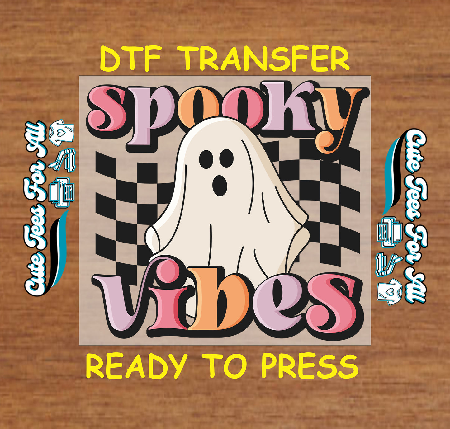 Spooky Vibes ghost with warped checkerboard background and pastel bubble text

