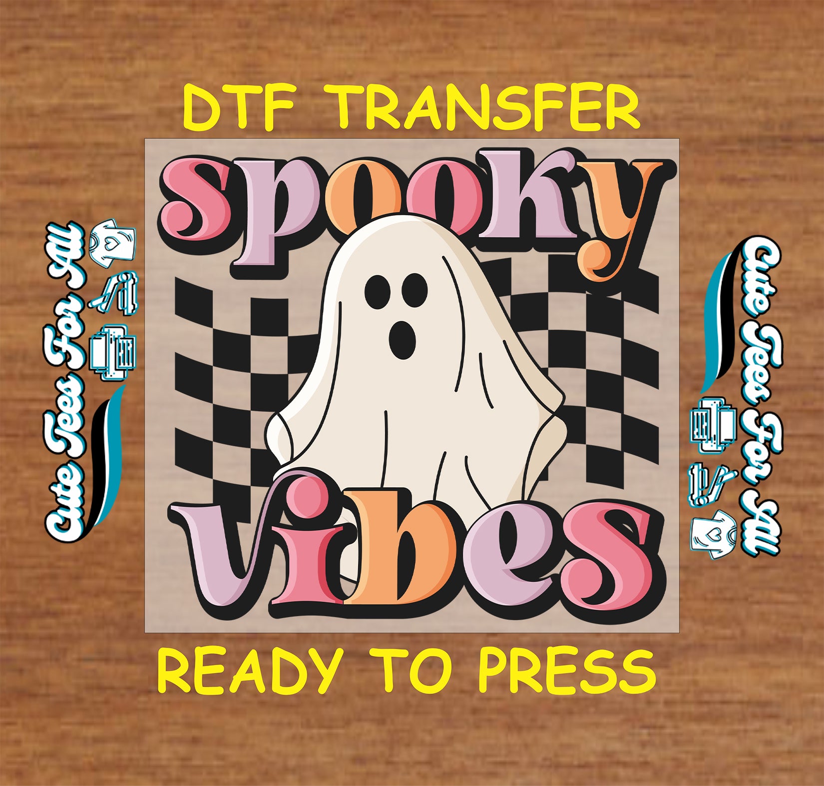 Spooky Vibes ghost with warped checkerboard background and pastel bubble text

