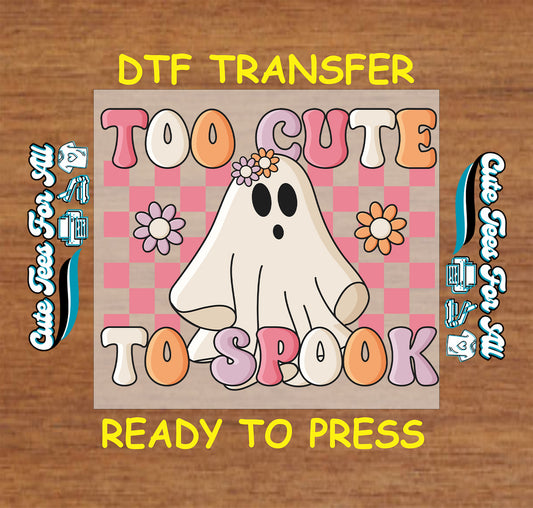 Ghost with flower crown and pastel “Too Cute to Spook” text on pink checkerboard background

