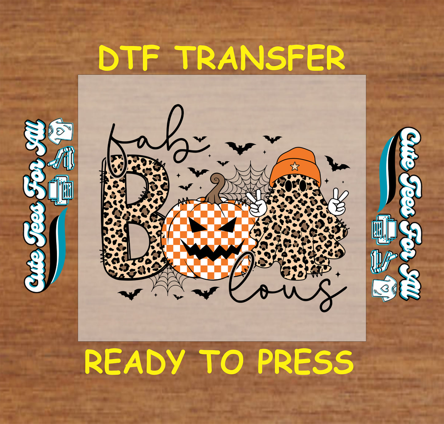 Leopard ghost with orange beanie, checkered pumpkin, leopard print “B”, bats, spiderwebs, and “Fabulous” text on DTF transfer

