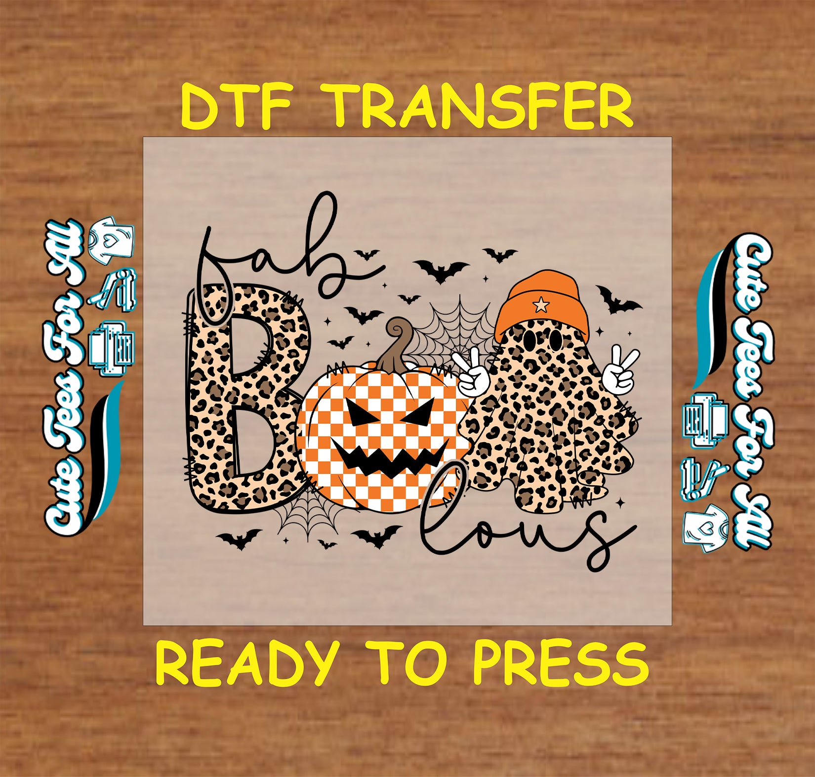 Leopard ghost with orange beanie, checkered pumpkin, leopard print “B”, bats, spiderwebs, and “Fabulous” text on DTF transfer

