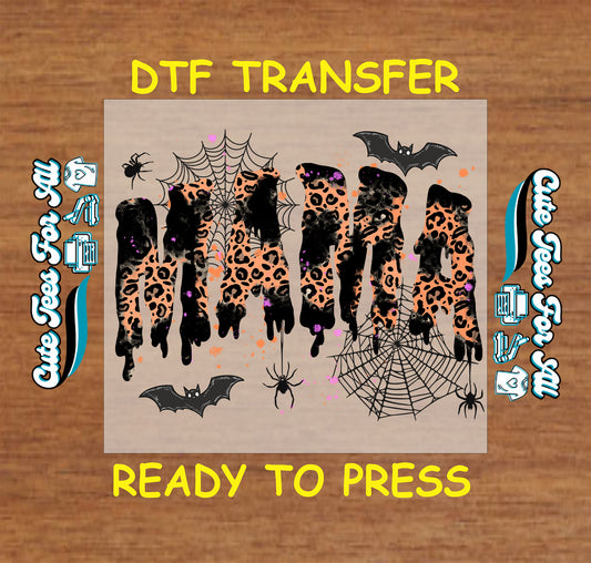 Leopard and black drip DTF transfer with spiderwebs, bats, spiders, and colorful paint splatters

