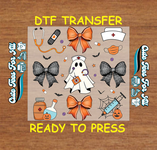 Halloween nurse ghost with medical tools, stethoscope, bows, bats, pills, and pumpkins

