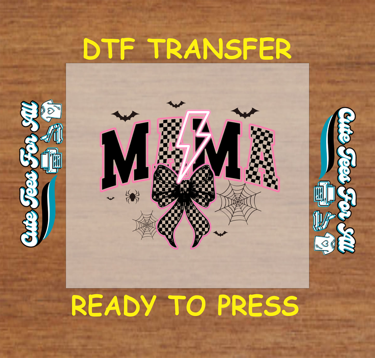 Checkerboard and black “MAMA” text with lightning bolt, bow, spiderwebs, and bats on DTF transfer

