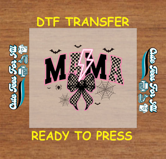 Checkerboard and black “MAMA” text with lightning bolt, bow, spiderwebs, and bats on DTF transfer

