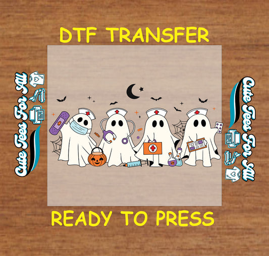 DTF transfer featuring five nurse ghosts with medical tools, bats, sparkles, spiderwebs, and Halloween elements

