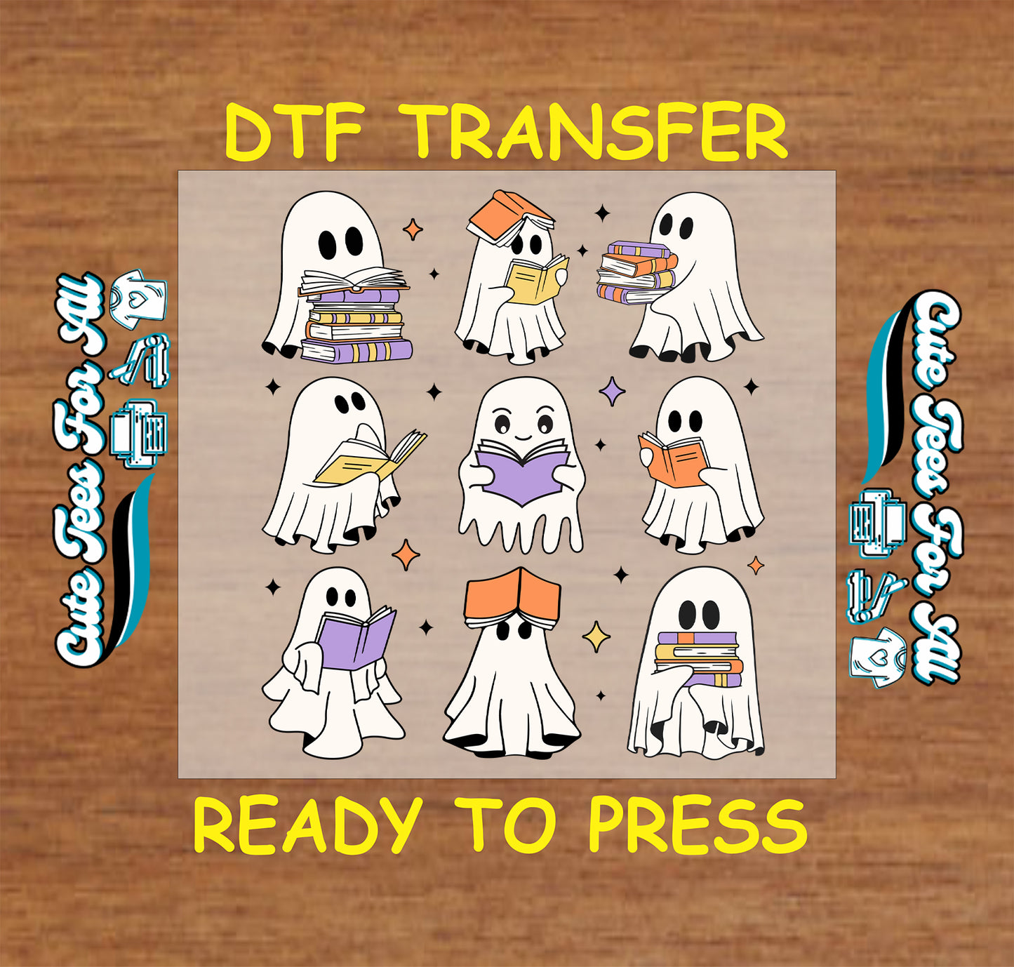 Nine cute ghosts reading books with star and sparkle accents on Halloween DTF transfer

