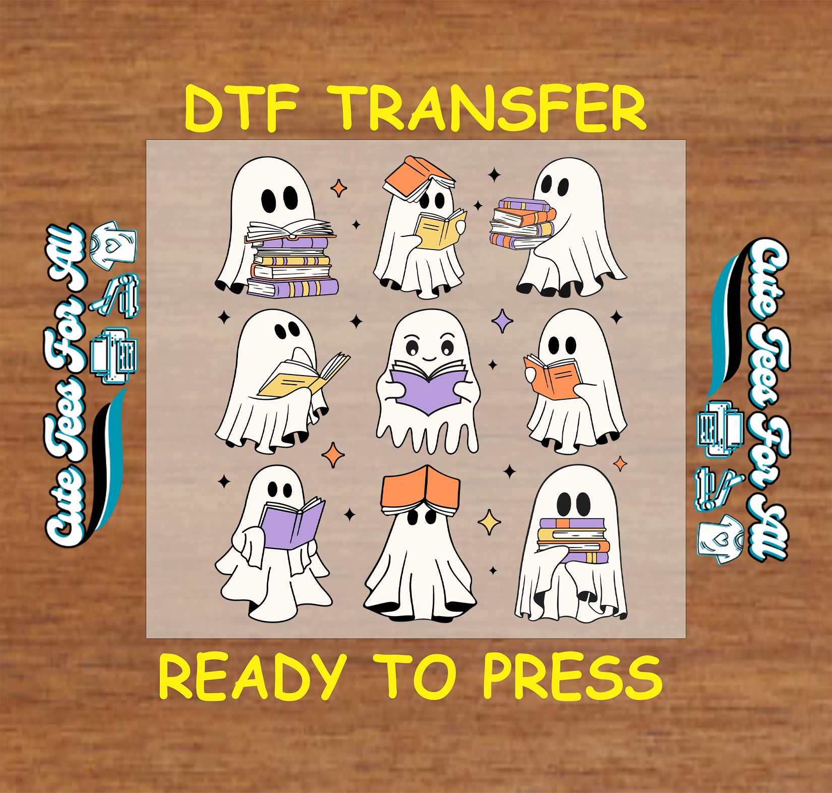Nine cute ghosts reading books with star and sparkle accents on Halloween DTF transfer

