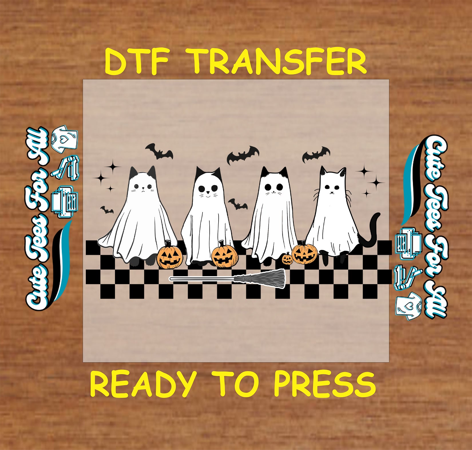 Four cats in ghost costumes with pumpkins, broom, bats, sparkles, and checkerboard stripe on Halloween DTF transfer

