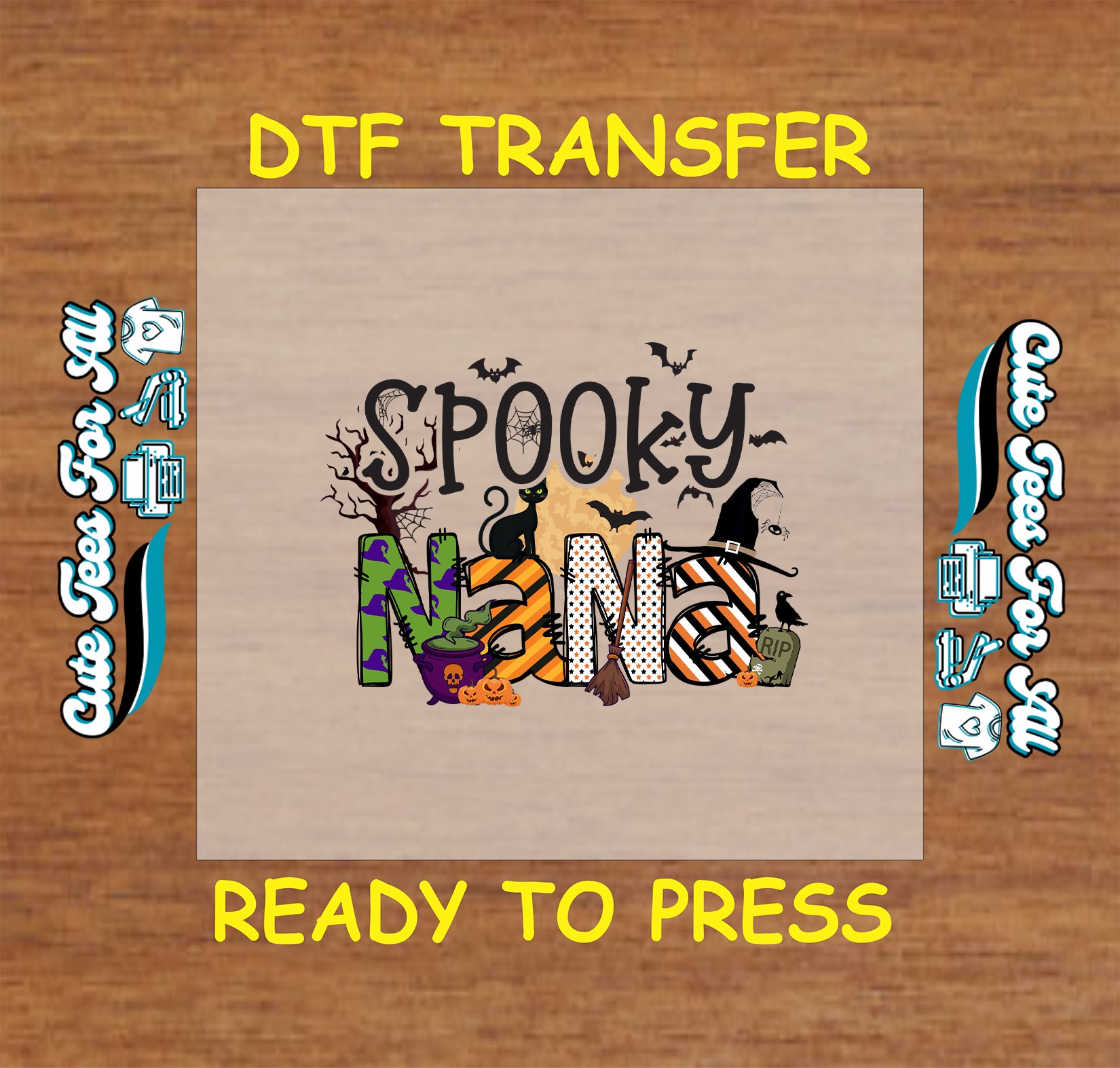Halloween DTF transfer featuring "Spooky Nana" with witch hat, bats, pumpkins, cauldron, and spooky cat

