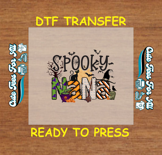 Halloween DTF transfer featuring "Spooky Nana" with witch hat, bats, pumpkins, cauldron, and spooky cat


