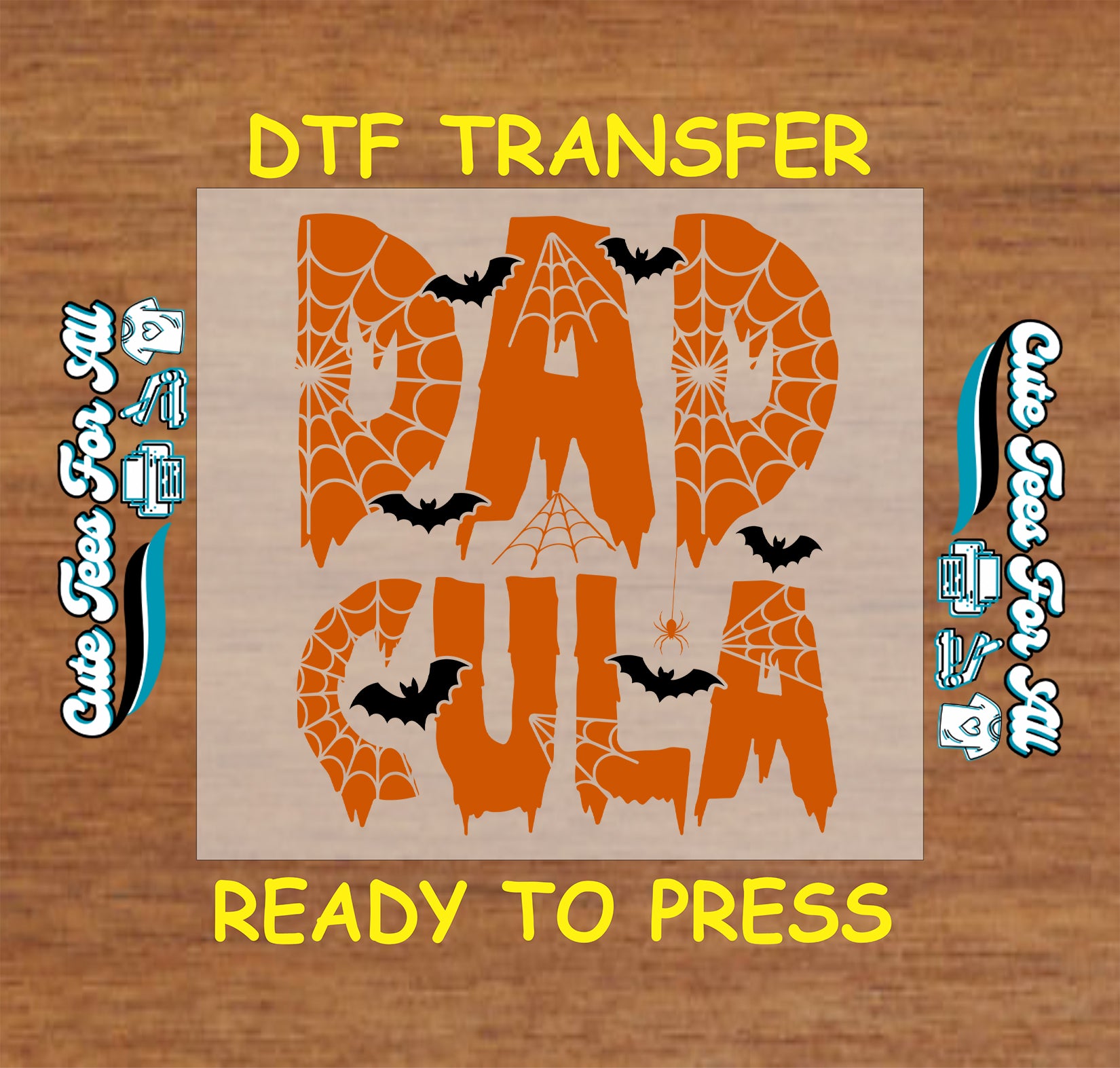 Orange “Dadcula” text with spiderwebs and black bats in Halloween style

