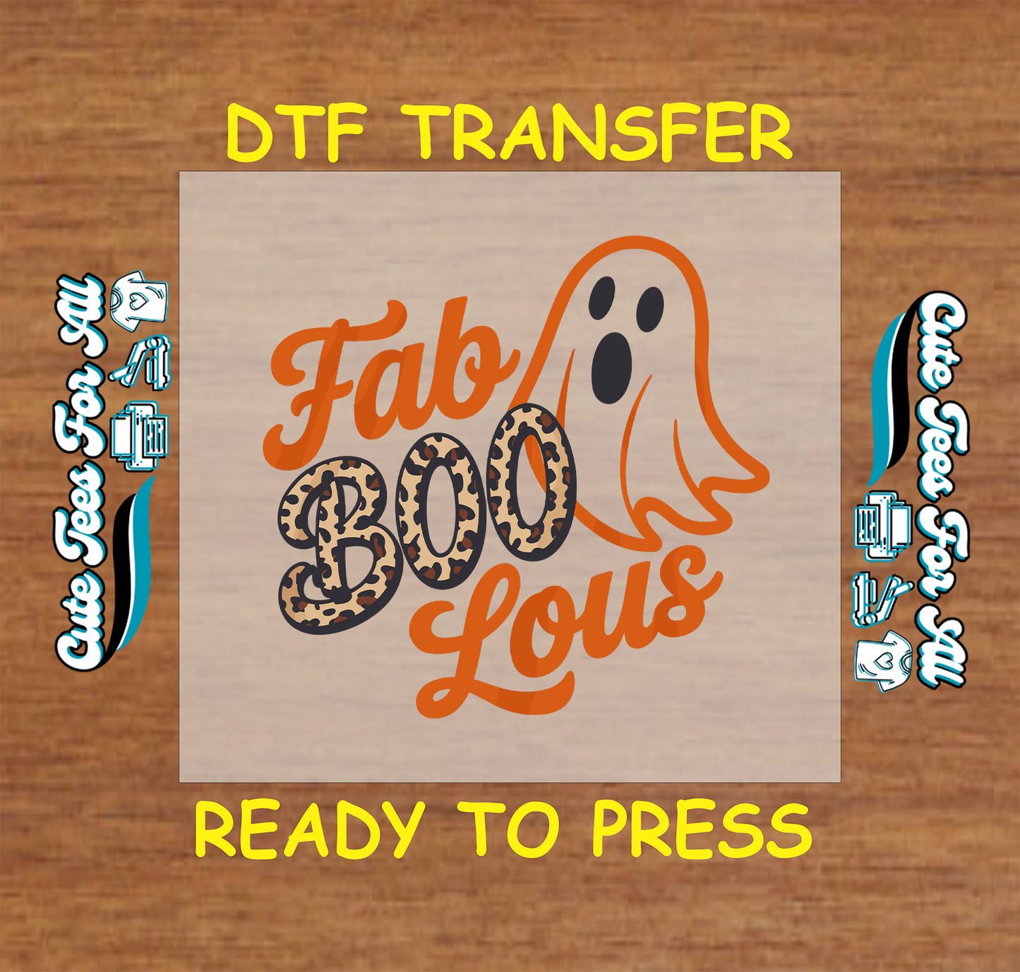 Fab-BOO-lous Halloween DTF transfer with leopard print letters and orange ghost ready to press dtf


