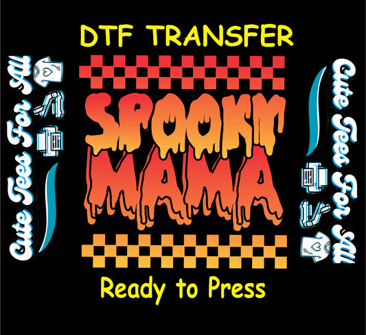 Spooky Mama Halloween ready to press dtf transfer with drippy letters and checker pattern

