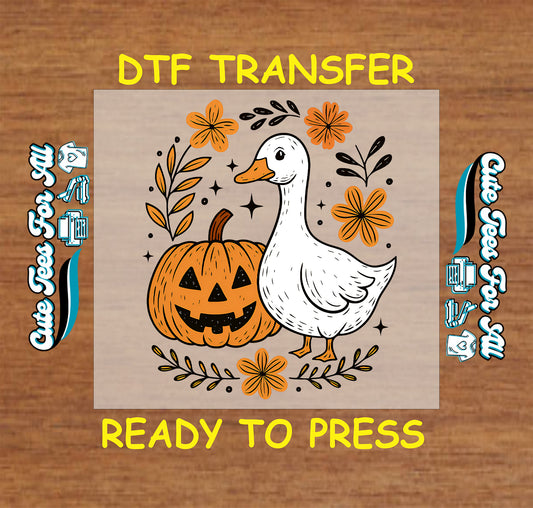 Pumpkin duck Halloween ready to press dtf transfer with jack-o'-lantern and fall florals

