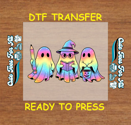 Rainbow pastel ghost trio ready to press dtf transfer with book, pencil, and pumpkin pail

