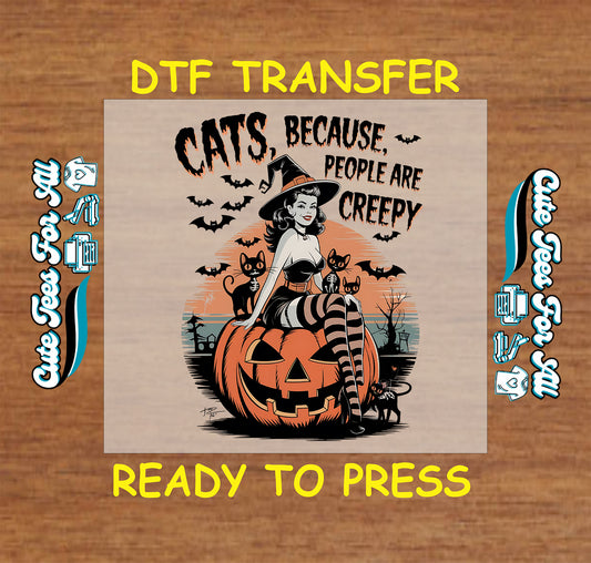 ready to press dtf transfer with retro witch, jack-o-lantern, black cats, and bats

