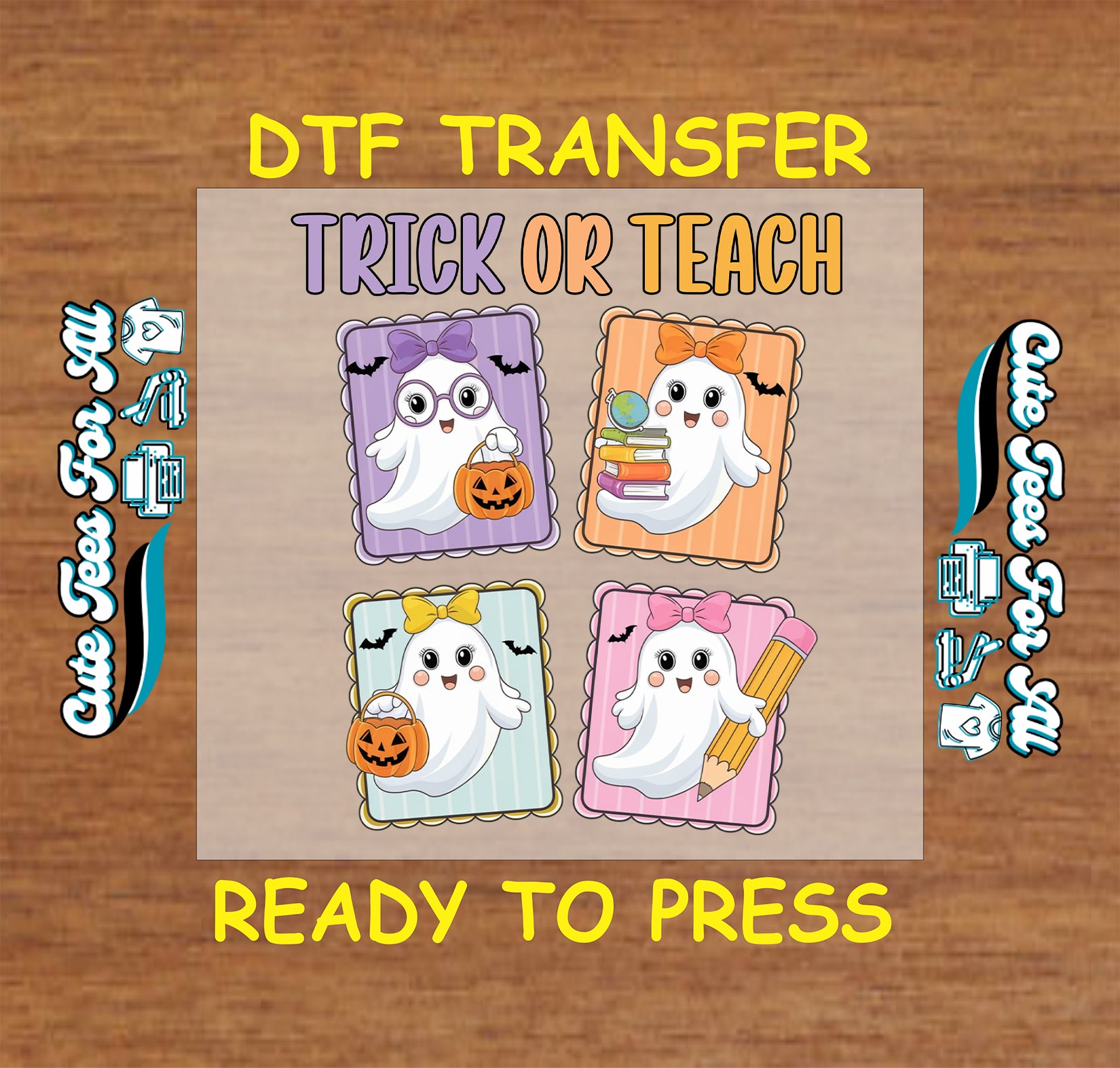ready to press dtf transfer with four cartoon ghost teachers, pumpkins, books, and Trick or Teach text


