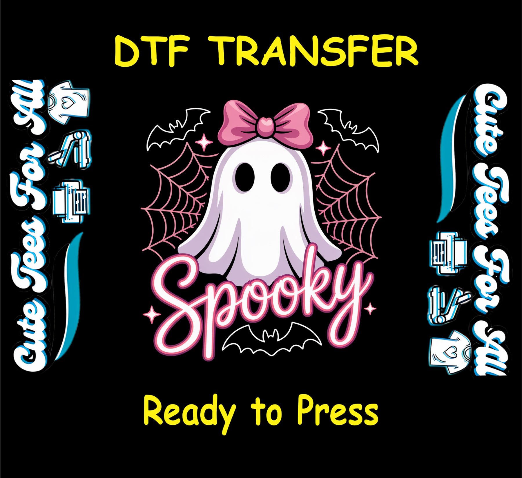 Ghost with pink bow and "Spooky" text surrounded by bats and webs, ready to press dtf


