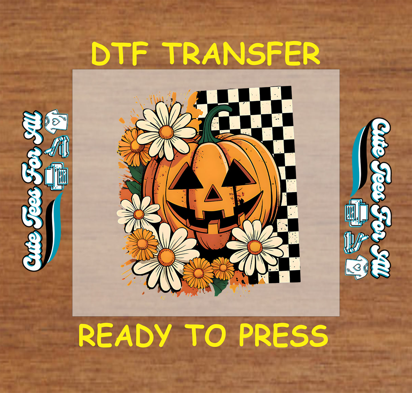Jack-o'-lantern with daisies and checkerboard background, ready to press dtf

