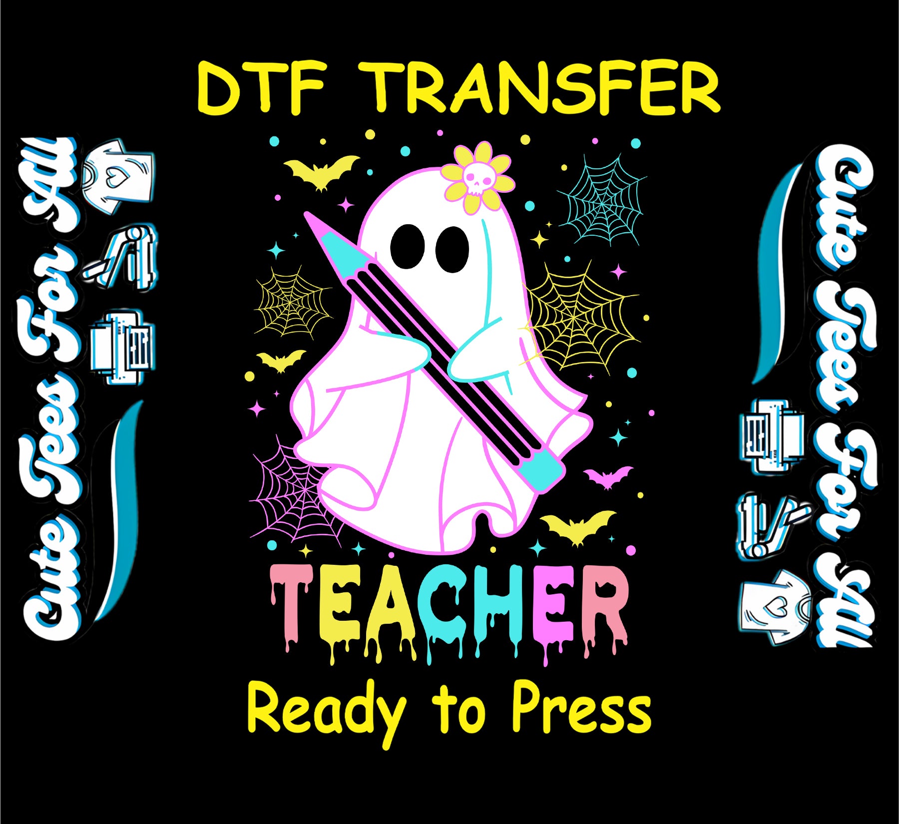ready to press dtf transfer with pastel ghost holding pencil and multicolor teacher text

