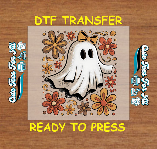 ready to press dtf transfer with cute ghost and retro orange brown flowers on light shirt

