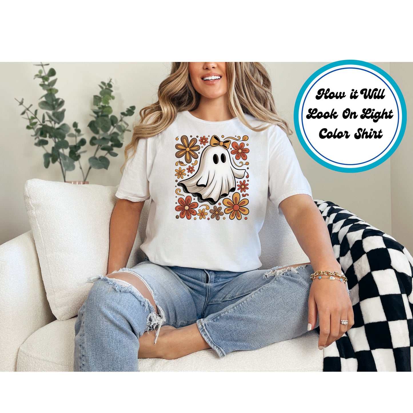 Retro Floral Ghost with Bow Halloween DTF Transfer – Ready to Press DTF Iron On Heat Transfer 10861