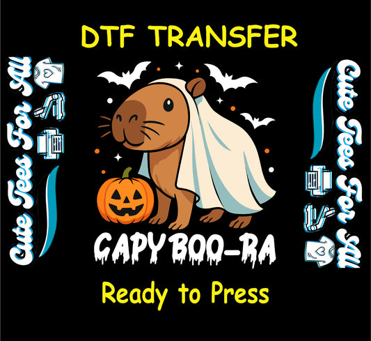 ready to press dtf transfer with ghost capybara, pumpkin, bats, and halloween elements

