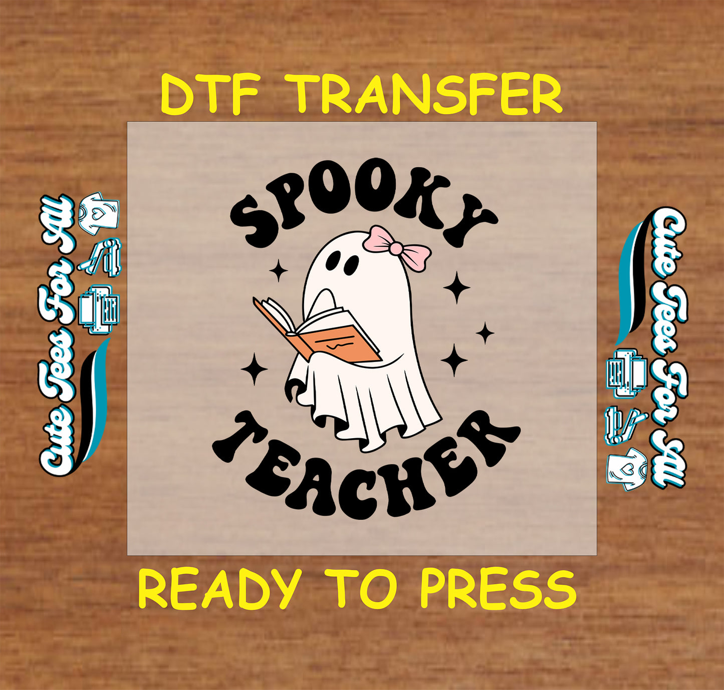 ready to press dtf transfer with ghost teacher reading book and wearing pink bow

