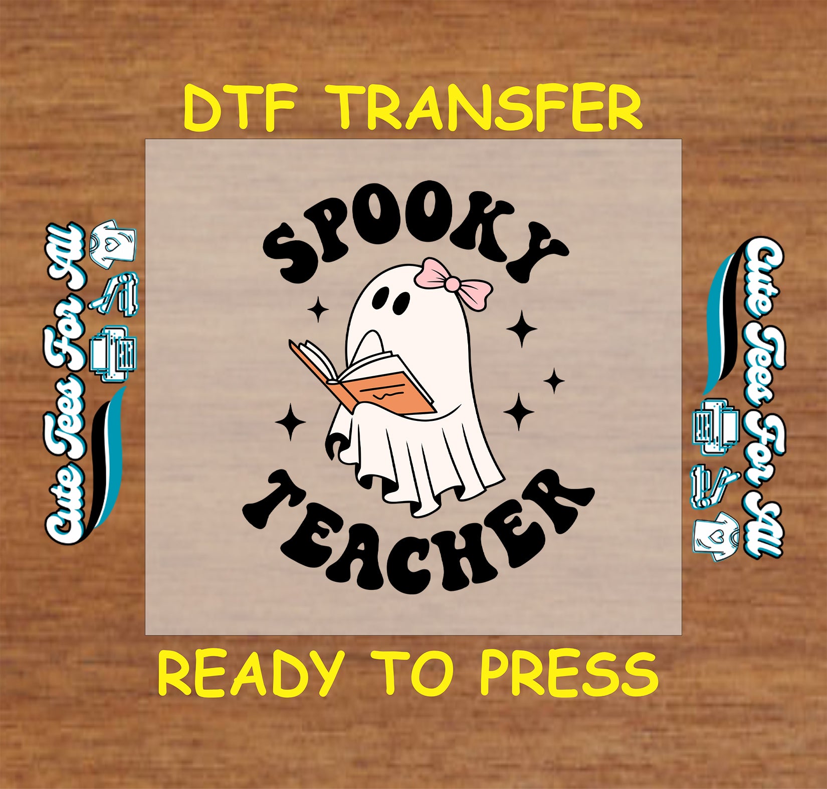 ready to press dtf transfer with ghost teacher reading book and wearing pink bow

