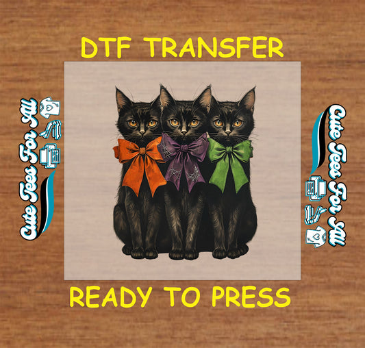 ready to press dtf transfer with three black cats wearing orange purple and green halloween bows

