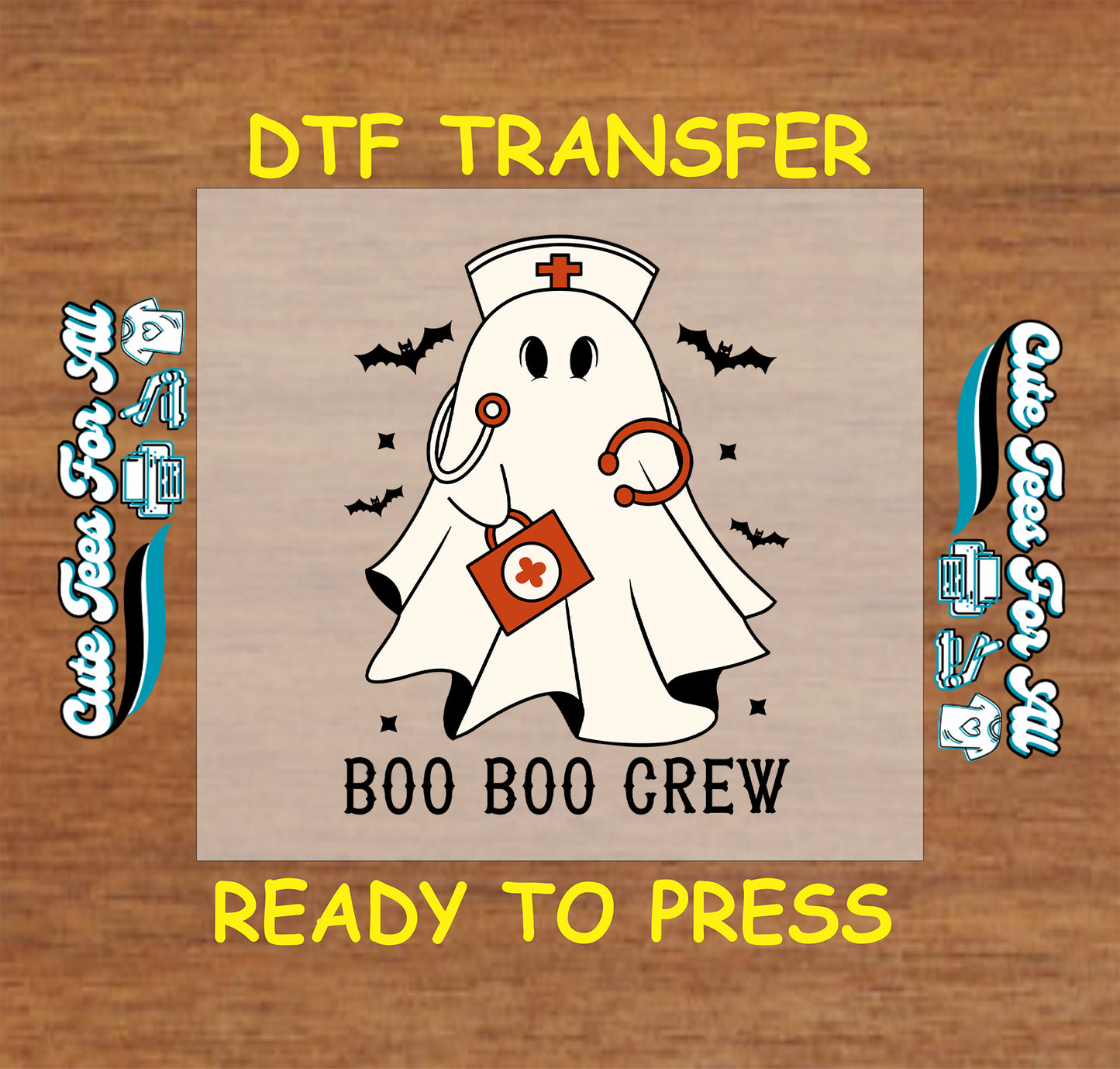ready to press dtf transfer with ghost nurse holding medical bag and boo boo crew text

