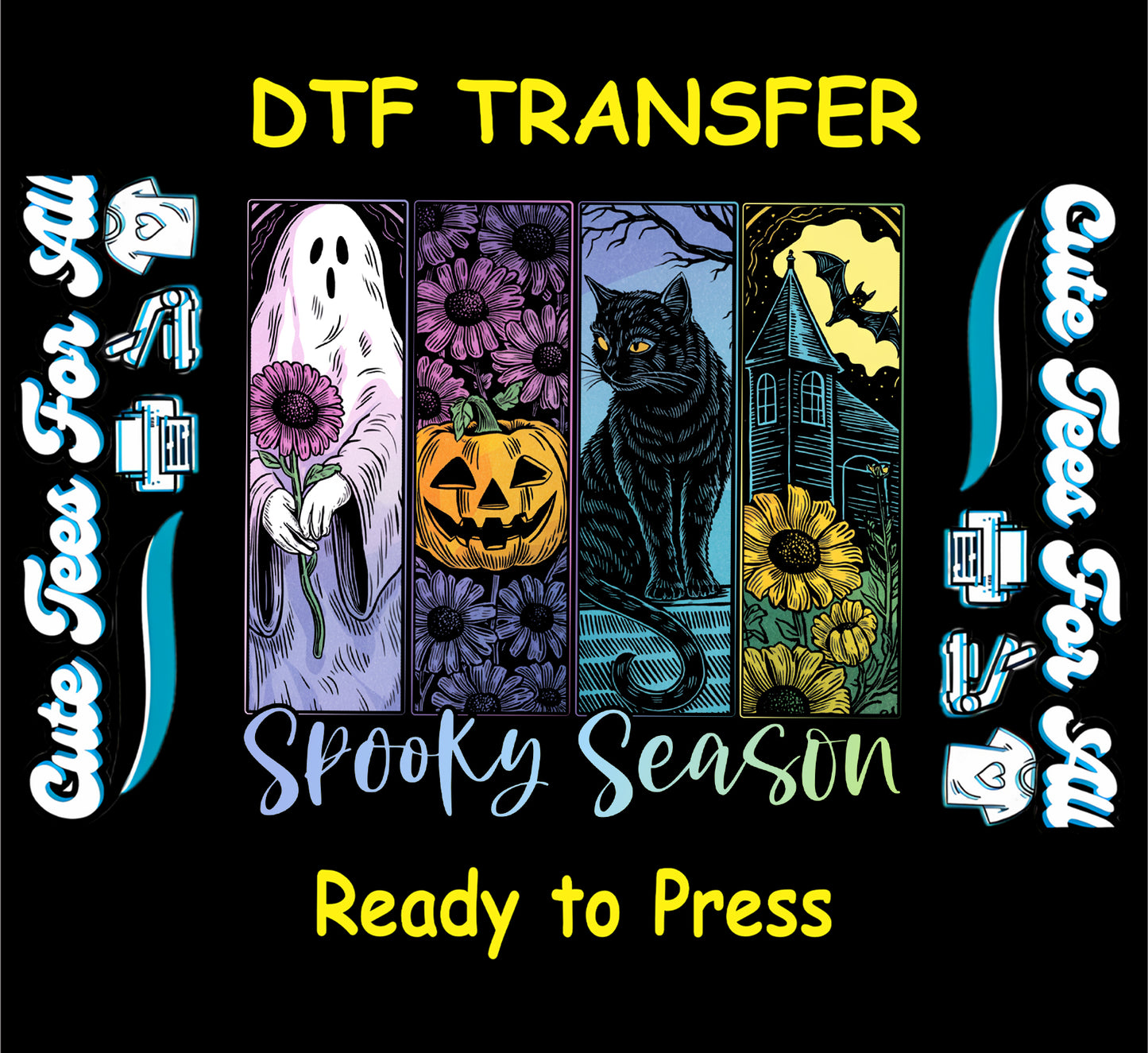 ready to press dtf transfer with ghost, cat, pumpkin, haunted house and floral halloween panels


