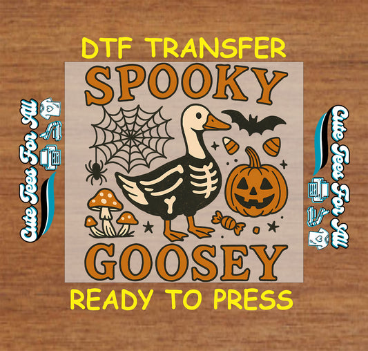 ready to press dtf transfer with skeleton goose, pumpkin, spiderweb, mushrooms, and spooky goosey text

