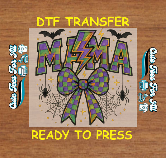 ready to press dtf transfer with halloween plaid mama text, bow, lightning bolt, and spiders

