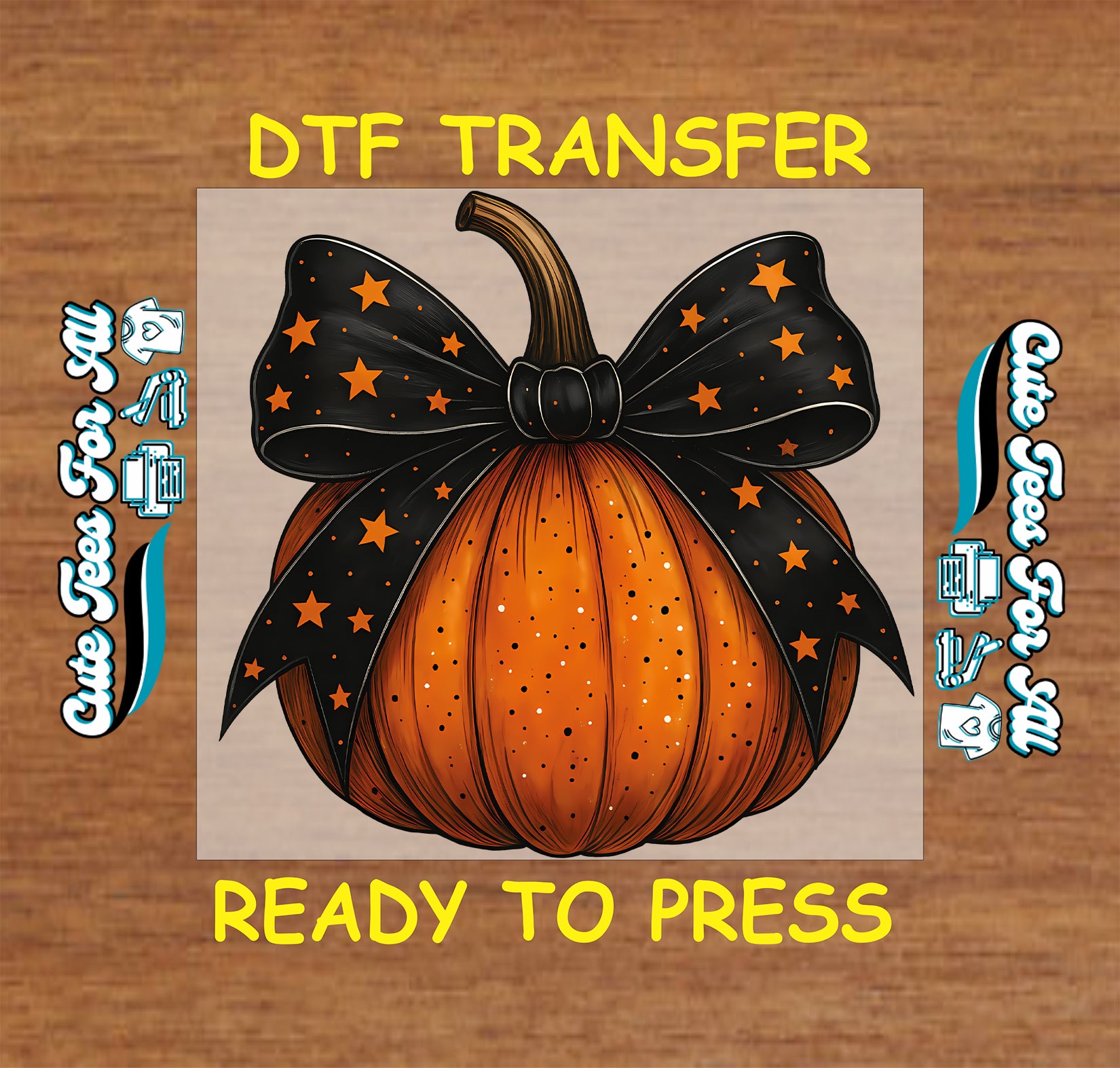 ready to press dtf transfer with orange pumpkin and large black bow with orange stars

